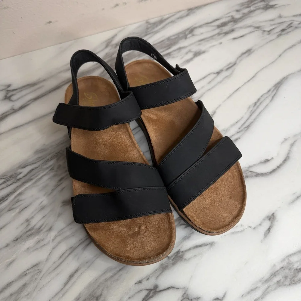 SKECHERS LIFTED COMFORT WOMEN'S SANDALS Strappy Black Cork Memory Foam SZ 10